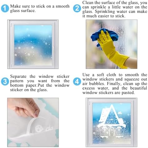 JarThenaAMCS 13.8 * 35.4'' Extra Large Christmas Window Clings 4 Sheets White House Snowflake Xmas Tree Window Stickers Double-Sided Glass Decals for Winter Xmas Home Classroom Office Party Decoration