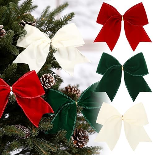 Janinka 12 Pcs 6 Inch Christmas Velvet Bows for Wreath Dark Green Red Beige