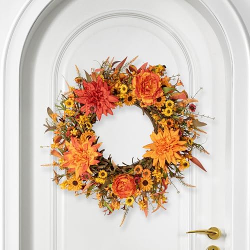 J'FLORU 20” Artificial Fall Wreath Autumn Wreaths for Front Door Thanksgiving Wreath with Peony Dahlia Daisy Flowers for Thanksgiving Day Harvest Festival Wall Porch Indoor Outdoor