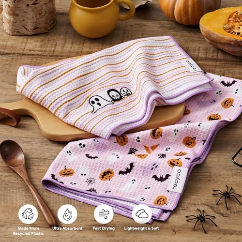 RECYCO Halloween Waffle Kitchen Towel Set of 2 - Quick Dry Microfiber Sustainable Dish Towels - Absorbent Reusable Cleaning Tea Towels - Lightweight Hand Towels,16”x 28”, Pink Boo