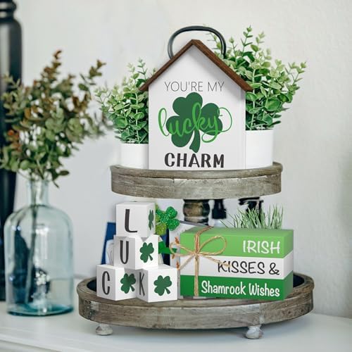 St. Patrick's Day Decorations Shamrock Faux Books, 8 Pcs St. Patricks Day Tiered Tray Decor Book Stack Lucky Wooden Signs, Farmhouse Rustic Wooden Decor for Home Kitchen Table