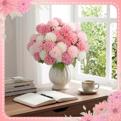 XunYee 12 Pcs Pink Artificial Flowers for Outdoor Silk Chrysanthemums