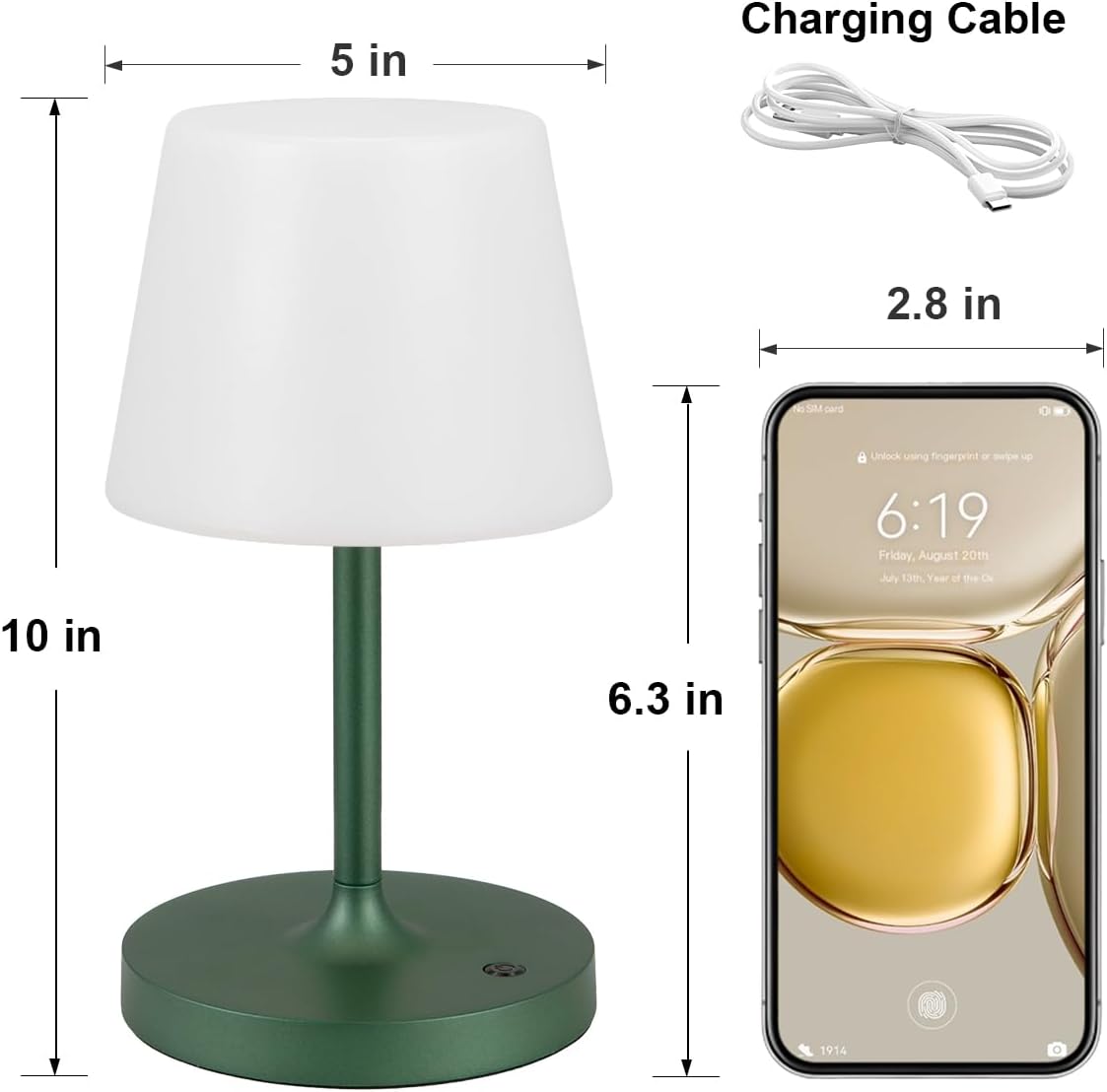 Kakanuo Green Cordless Shower Lamp Waterproof, Rechargeable Cordless Lamp with 4000mAh Battery, Touch Dimmable Table