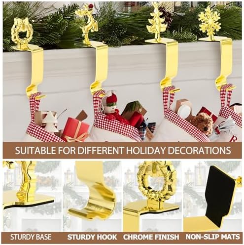 Komotu 4 Pcs Christmas Stocking Holders for Mantle, Upgrade Stable Lightweight Metal Stocking Holder No-Slip Stocking Hangers for Mantle, Mantel Stocking Holders Clip for Xmas Party Decoration (Gold)
