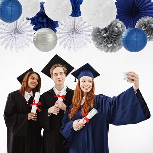 Navy-Blue White Silver Party-Decorations - 20pcs Graduation Paper Lanterns Fans,Tissue Pom Poms,Honeycomb Balls,Bunting,Birthday Bridal Bachelorette Christmas Baby Shower Wedding Decor Burgleda
