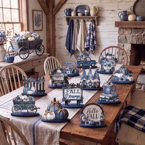 12 Pcs Fall Blue Decor for Home Blue Pumpkin Maple Leaf Table Centerpiece