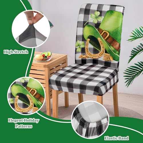 St Patricks Day Chair Covers Set of 6 Shamrock Gnome Dining Chair Seat Cover Stretch Removable Green Chair Slipcover Protector for St Patrick's Dining Room Kitchen Home Decor