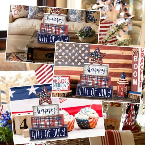 DIYDEC 4Pcs Memorial Day Table Decor 4th of July Patriotic Wood Signs Independence Tiered Tray Decor America Red Blue Centerpieces Signs for Farmhouse Holiday Tabletop Home Party Decoration
