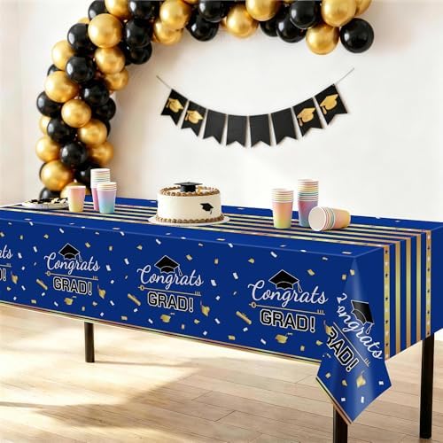 Childom 3 Pack Graduation Tablecloth,Graduation Decorations Class of 2026 Graduation Party Decorations,54"x108" Blue and Gold Plastic Table Cloth Disposable Rectangle for Home,School,Party Supplies