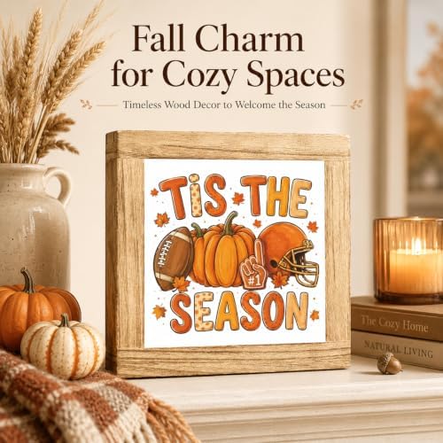 Fall Football Wood Sign, Tis the Season Pumpkin Tabletop Decor