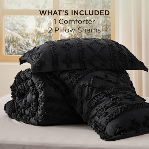 Bedsure Tufted Boho Comforter Set Full Size - Black Boho Bed Set, GentleSoft™ 3 Pieces Farmhouse-Style Embroidery