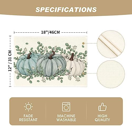 Artoid Mode Pumpkins Eucalyptus Leaves Fall Placemats Set of 4, 12x18 Inch Autumn Thanksgiving Holiday Table Mats for Party Kitchen Dining Decoration