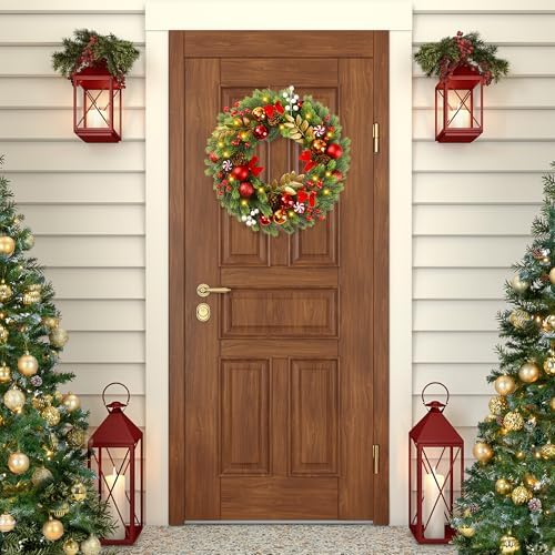 Sggvecsy 17 Inch Artificial Christmas Wreath for Front Door with 20 LED Lights Pine Needles Christmas Balls Red White Berries Pine Cones Bows Decoration for Winter Outdoor Wall Home Holiday Xmas Decor