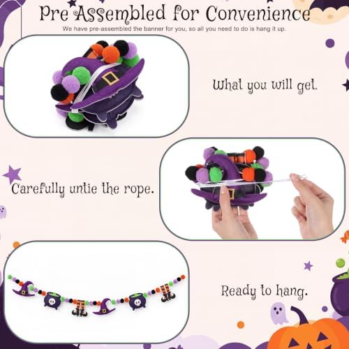 VitalCozy Halloween Felt Banner Pom Pom Garland, Purple, Witch