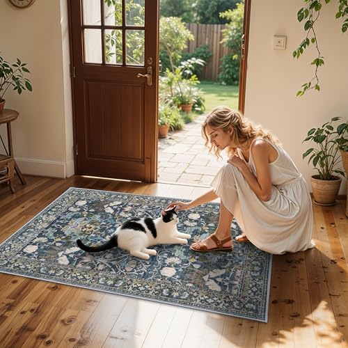 4x6 Living Room Area Rugs: Washable Boho Bedside Rugs Non Slip Low Pile Floral Small Carpet for Kitchen Bedroom