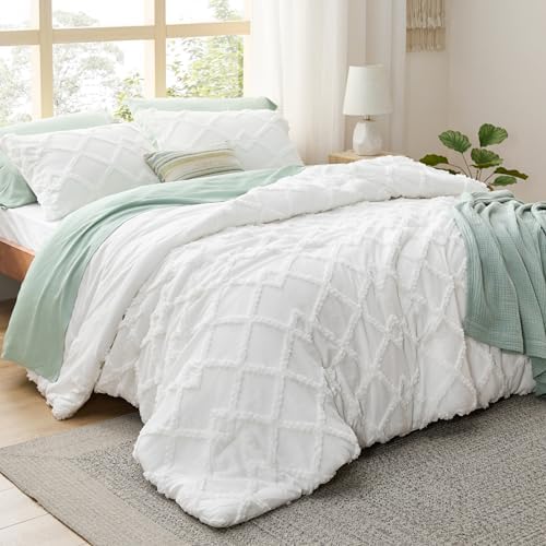 Bedsure Boho Comforter Set King - White Tufted King Size Comforter, 3 Pieces Farmhouse-Style Embroidery Bed Set, Soft