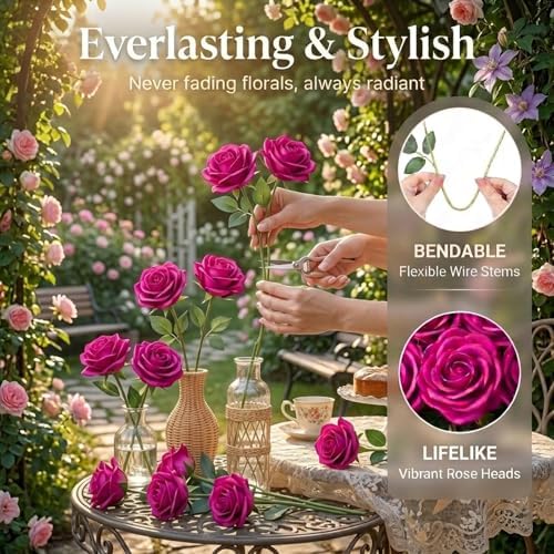 60 Pcs Hot Pink Velvet Artificial Roses Flowers Real Looking Silk Faux Roses Bulk Long Stems for Wedding Centerpieces,DIY Floral Arrangements,Home Decor,Anniversary,Valentine's Day