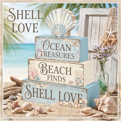 Britimes Tiered Tray Decor Set, 4 Pack, Wooden Table Sign, Seahorse Coastal