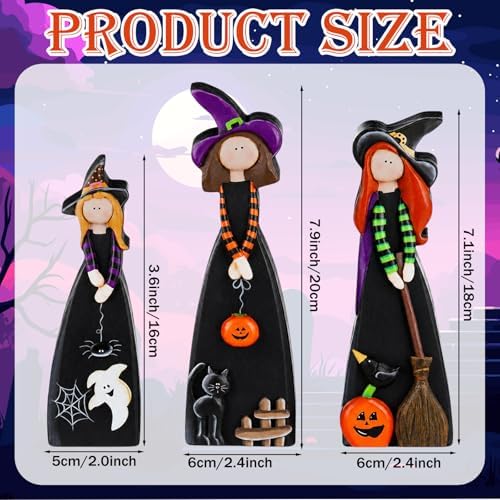 Suzile 3 Pcs Halloween Witch Table Decorations, Wooden Tabletop Figurines