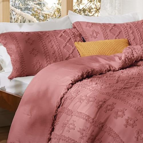 Bedsure Tufted Boho Comforter Set King Size - Grayish Pink Boho Bed Set, GentleSoft™ 3 Pieces Farmhouse-Style