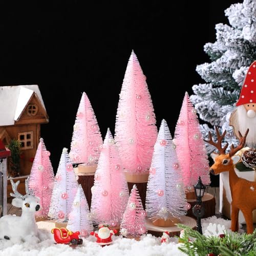 Leyndo 9 Pcs Pink Pearl Artificial Mini Christmas Tree with Wood Base