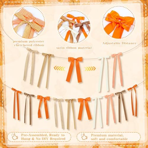 Fall Bow Garland, Fall Mantel Bows Garland Thanksgiving Bow Banner Autumn Hanging Garlands Fall Decorations for Home Office Fireplace Mantle Decor, Table Wall Halloween Thanksgiving Farmhouse Decor
