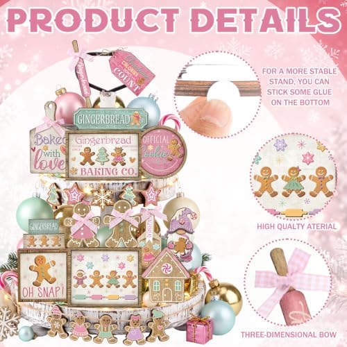 Shellwei 24pcs Pink Christmas Tiered Tray Decor Set Rustic Gingerbread Sign