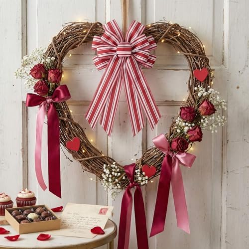 Red White Striped Wreath Bow for Front Door, 20.87 x 11.42 Inch Large Premade Valentine's Day Holiday Bows, Valentines 4th July Decorate
