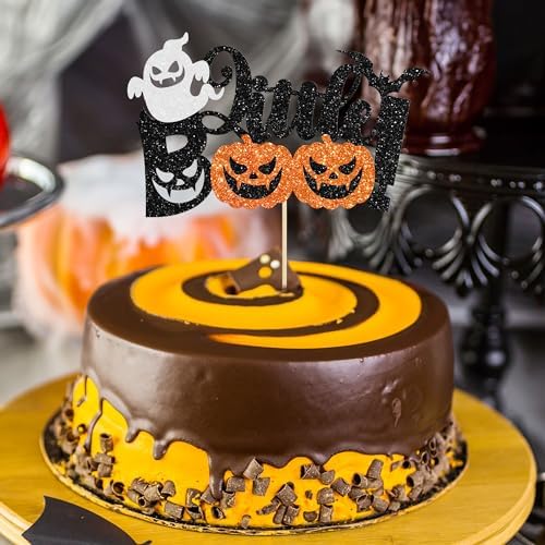 Gyufise 1Pc Little Boo Halloween Cake Topper Black Glitter Pumpkin Ghost
