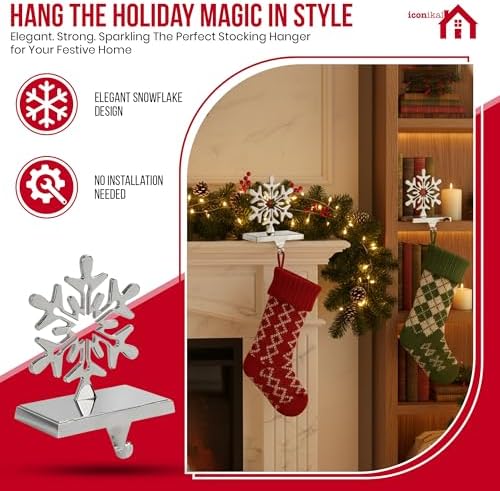 Iconikal 4-Pack Stocking Holders Christmas Chrome Metal Snowflake Weighted
