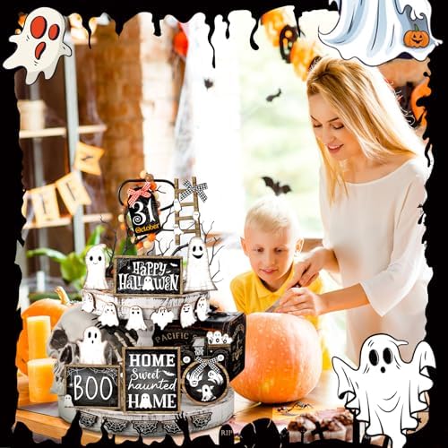 MiniInflat Halloween Tiered Tray Decorations Set, Wood, Ghost, Black White