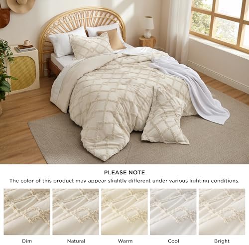 Bedsure Boho Comforter Set Queen - Beige Tufted Queen Size Comforter, 3 Pieces Farmhouse-Style Embroidery Bed Set, Soft