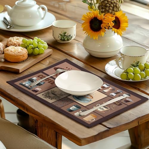 Coffee Theme Placemats Set of 4 Farmhouse Style Brown Linen Fabric Table Mat 12x18 Inch Washable Heat Resistant Non-Slip Place Mats for Home Party Kitchen Dining Decor