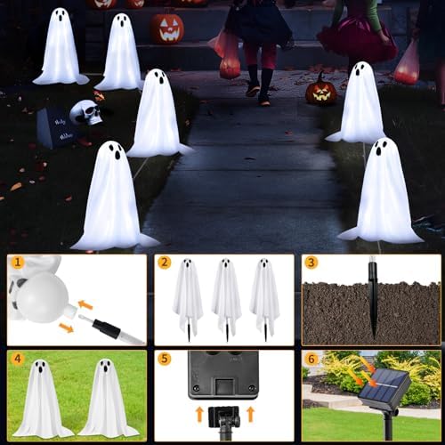 Halloween Decorations, 6 Pack Solar Ghost String Stake Lights 12.8 FT