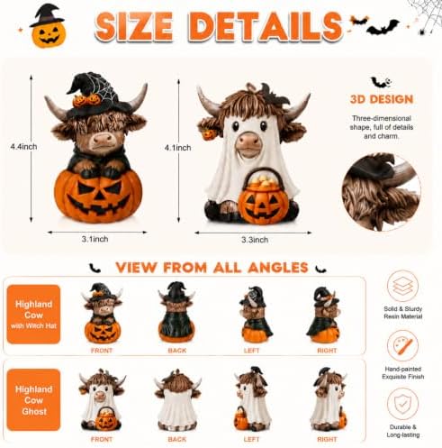 Karenhi 2 Pcs Halloween Highland Cows Figurines Resin, Pumpkin Decor