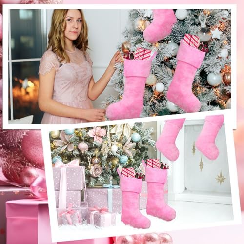 12 Pcs Christmas Stocking 18" Plush,Pink