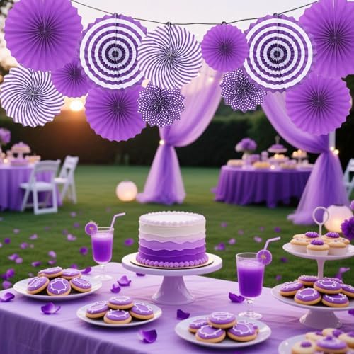 Purple Hanging Paper Fans, 12 Pieces Hanging Party Decorations Round Pattern Paper Garlands for Birthday, Wedding, Thanksgiving Day, Halloween Party