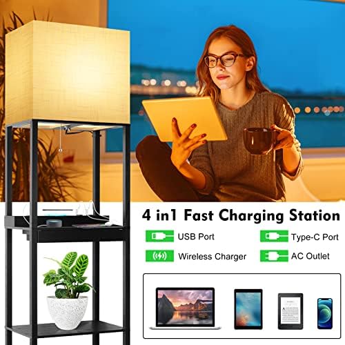 RUNTOP Plus Charging Station Floor Lamp with Wireless Charger, 2 USB-C Port, 2 Power Outlet, Floor Lamp with Shelves