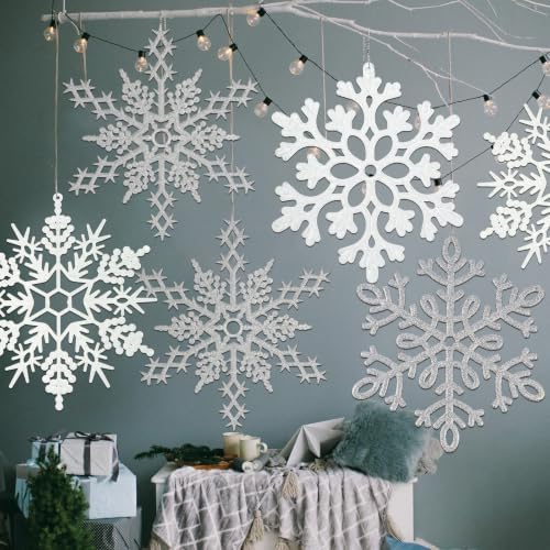8pcs Large White Silver Snowflakes Ornaments Big Plastic Glitter Snowflake for Winter Indoor Outdoor Christmas Tree Window Room Decorations Giant Craft Snowflakes