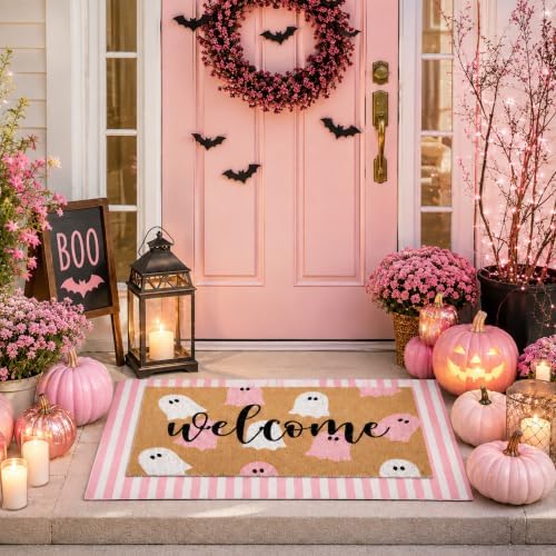 Tinideya 2 Pcs Halloween Ghost Layered Doormat Set, Pink White
