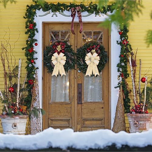 Estivaux 2 Pieces Christmas Bows for Wreath, Merry Christmas Wreath Bows Glitter Golden Burlap Bows Xmas Craft Bows Ornaments Winter Snow Tree Bows for Front Door Christmas New Year Decorations