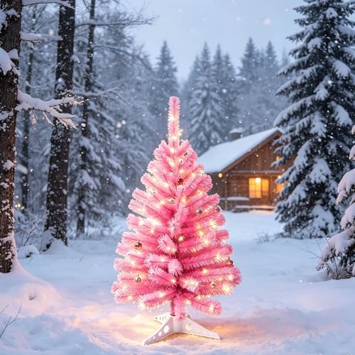 3FT Small Christmas Tree – Premium Pink Mini Xmas Artificial Trees for Home, Tabletop, Office, Apartment, Indoor Holiday Decorations, Easy-Assembly Metal Hinges & Foldable Base