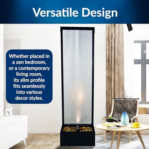 Alpine Corporation MLT170L 72" Waterfall Fountain with LED Light Cascading Textured Glass & Aluminum Floor Design