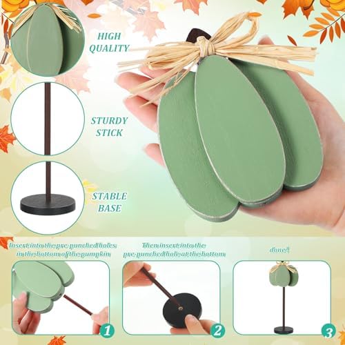Thyle 3 Pcs Fall Pumpkin Decor, Wooden, Pale Green