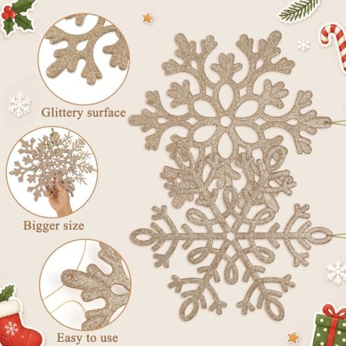 8pcs Large Champagne Gold Snowflakes Ornaments 12” Big Plastic Glitter Snowflake for Winter Indoor Outdoor Christmas Tree Window Room Decorations Giant Craft Snowflakes
