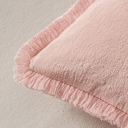 MIULEE Boho Linen Fringe Decorative Throw Pillow Covers Pink 20x20
