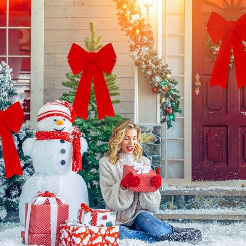 10 PCS Christmas Bows for Wreaths, 12 x 18 Inches Red Christmas Decorations, Christmas Tree Bow Red Velvet PVC Outdoor Red Christmas Bows Hanging Kink Red Christmas Bow for Wreath Stairs Xmas Party