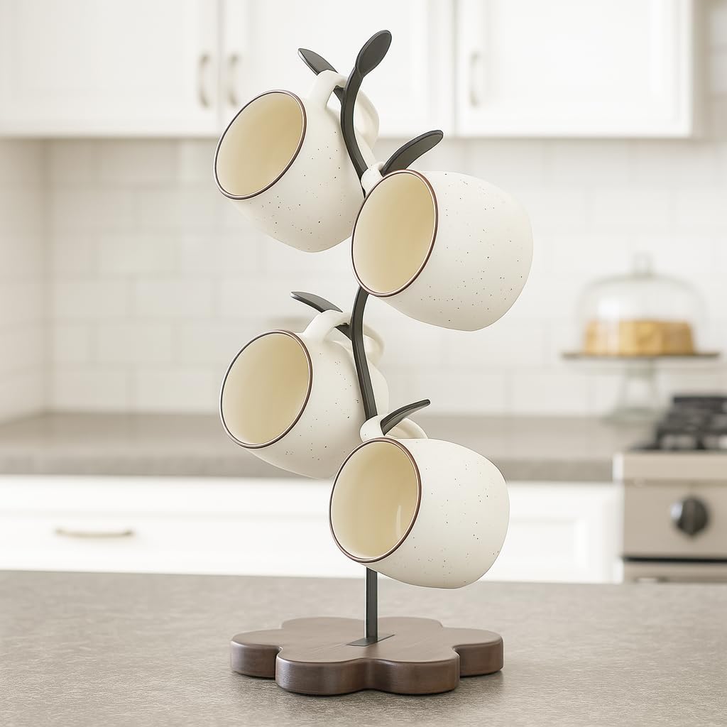 Mug Tree for Coffee Cups – Rustic Mug Holder Stand with 4 Hooks, Countertop Cup Rack for Coffee Bar & Kitchen