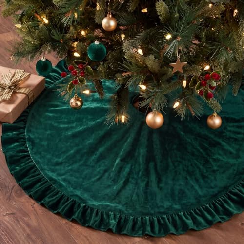 Velvet Christmas Tree Skirt, 48 Inches, Bow Style, Dark Green