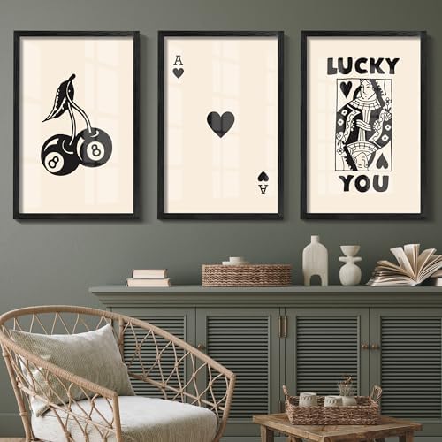 Heiple Framed Set of 3 Poker Wall Art Lucky You Poster, Trendy Retro Wall Art for Queen of Hearts Wall Art Rustic